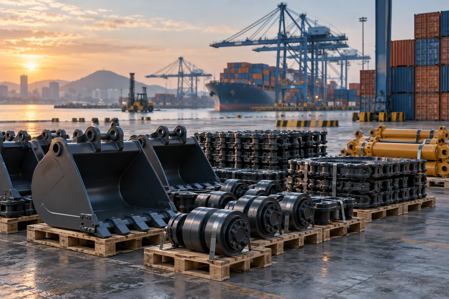 Componentes de máquinas preparados junto a um terminal portuário