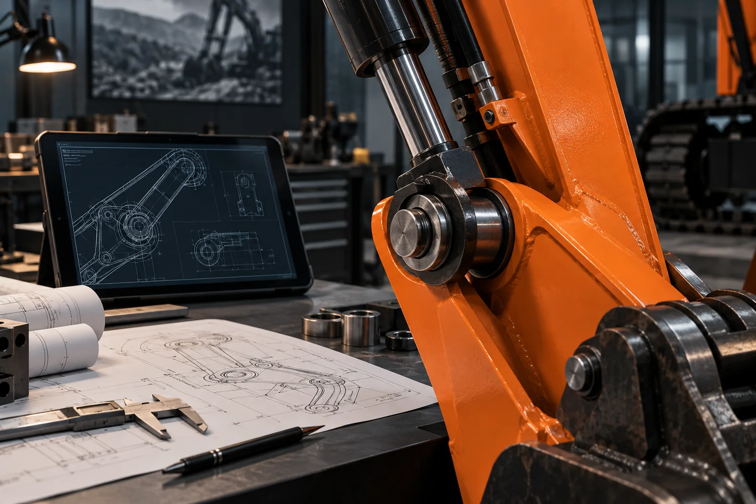 Trabalho de engenharia com componentes hidráulicos de máquinas